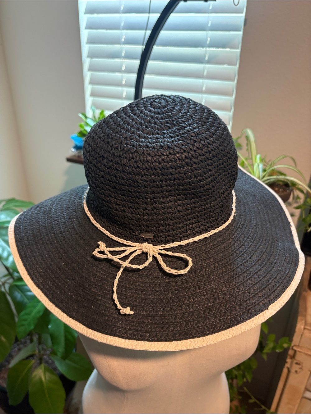 August Hats Navy Straw Sun Hat with White Trim and Braided Band